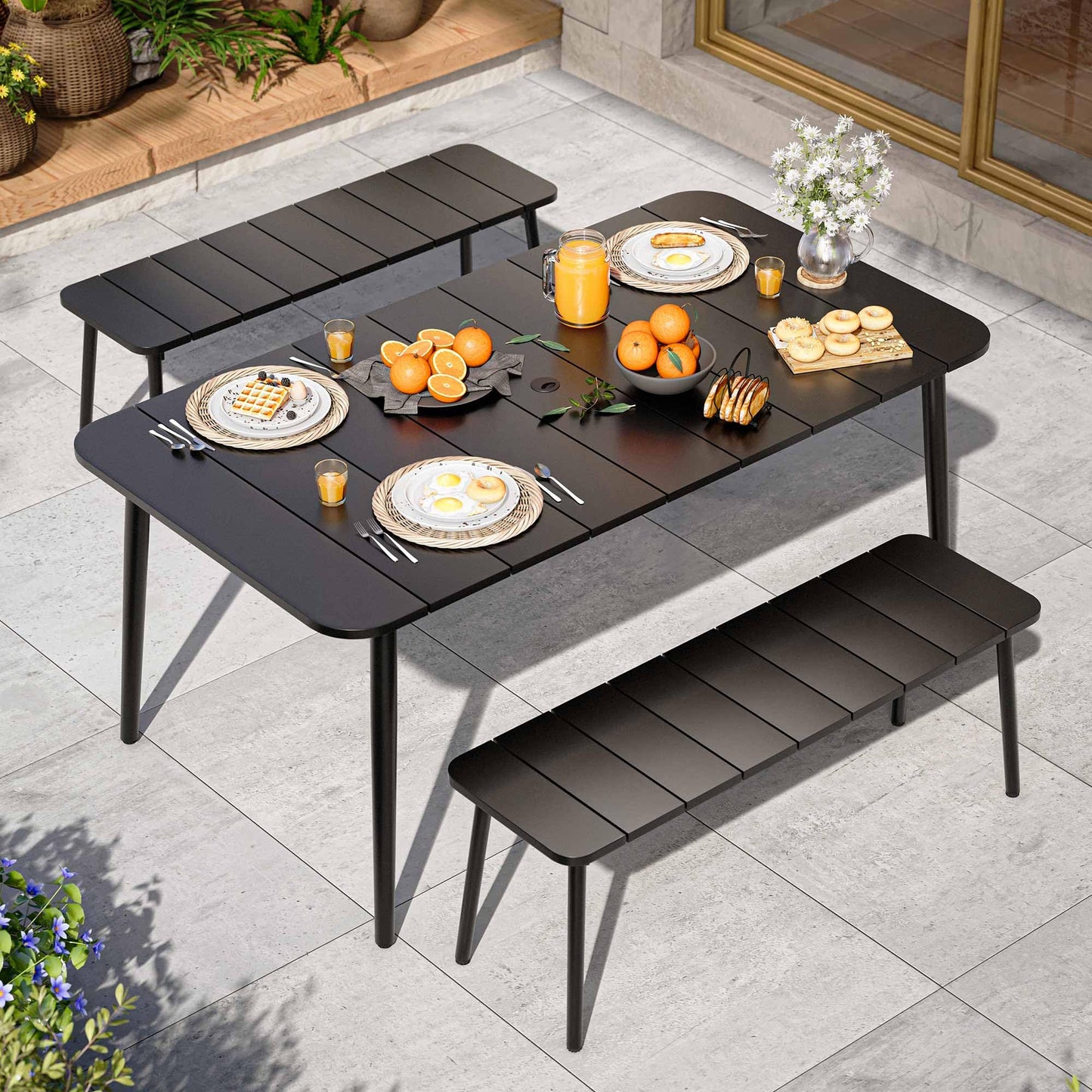 LAUSAINT HOME 3 Pieces Outdoor Patio Dining Set, Outdoor Dining Table and Chairs Set with Metal Table and Umbrella Hole,Patio Furniture Sets for Garden Backyard Deck Balcony with 2 Benches