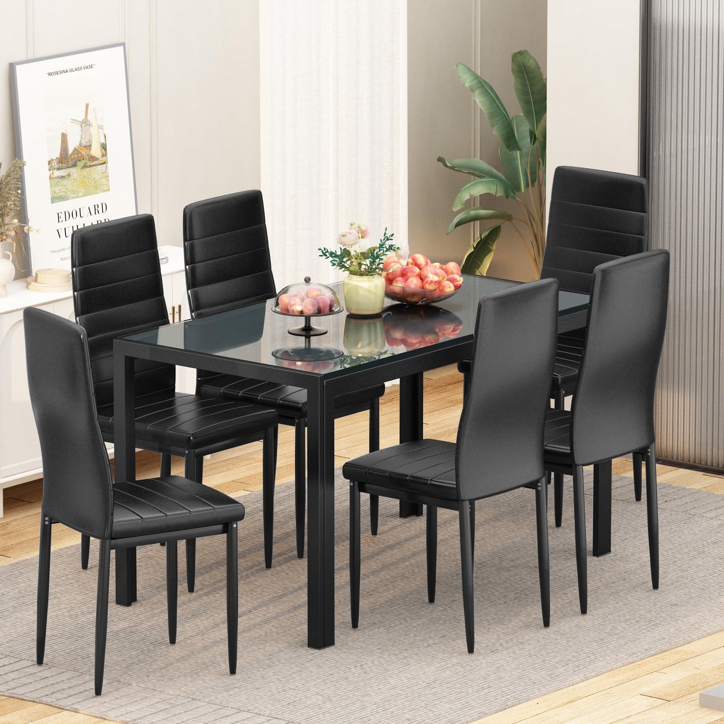 DKLGG 7-Piece Dining Table Set for 6, Tempered Glass Kitchen Table with PU Leather Chairs, Modern Dining Room Table Set for Small Space, Dinette, Apartment, Black