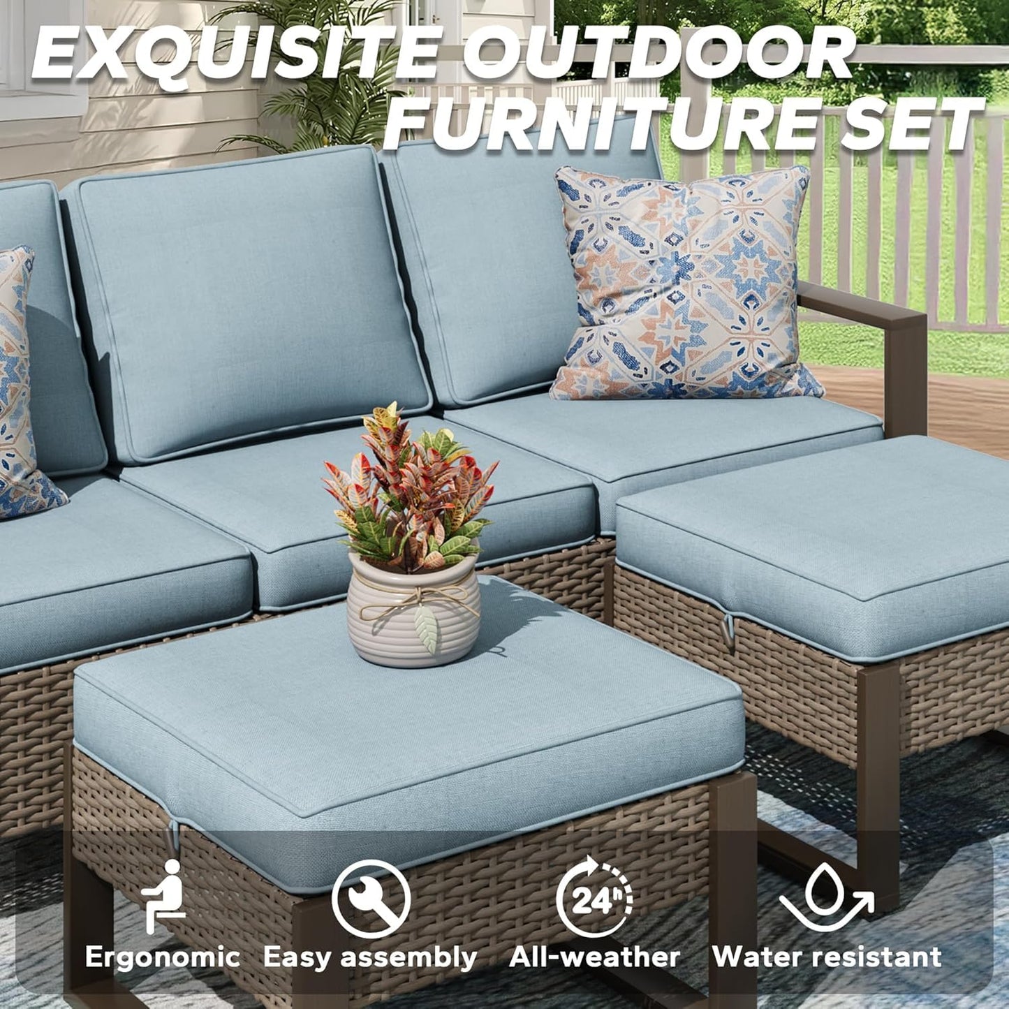 MeetLeisure 75" Patio Metal Wicker Sofa, All Weather Outdoor Rattan 3-Seat Sofa Couch with Premium Cushions & Rectangular Framed Wood-Looking Metal Armrest for Garden Backyard Porch Deck, Baby Blue