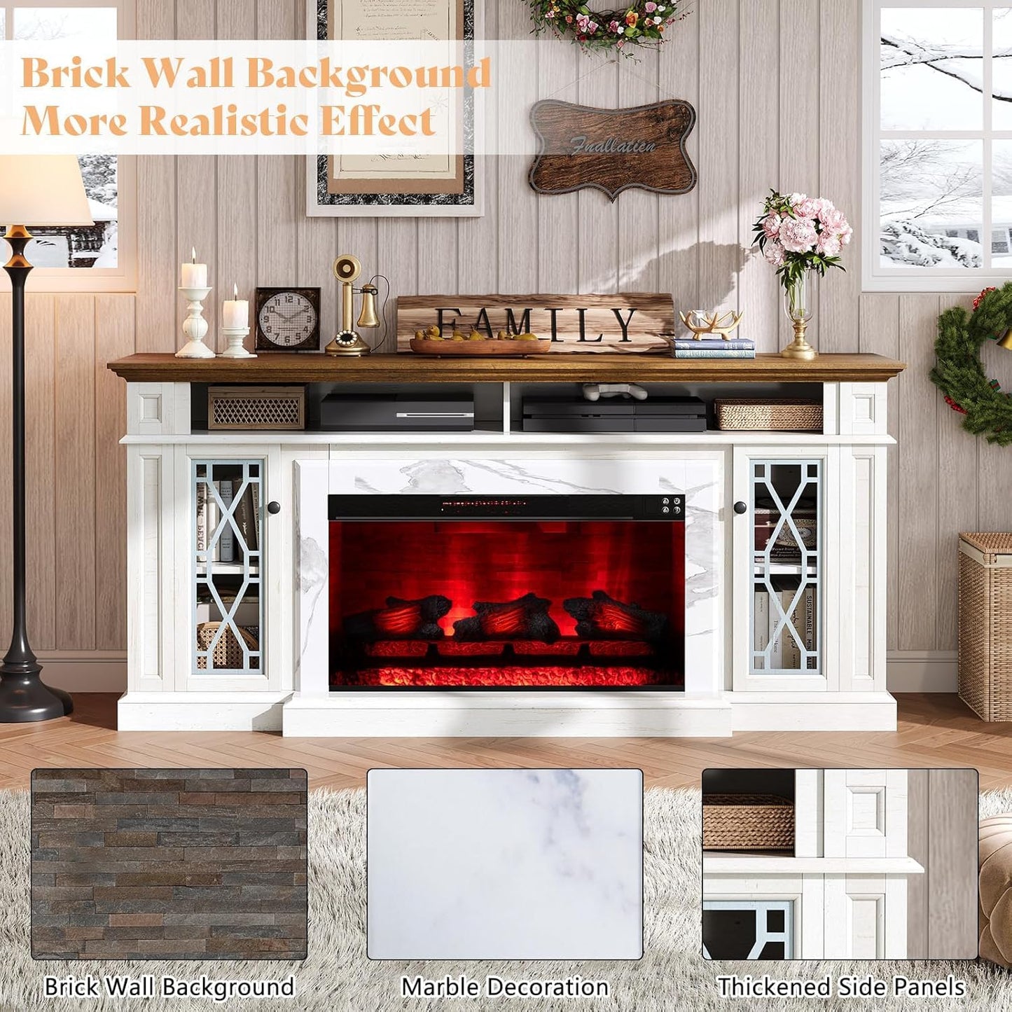 AMERLIFE 4 Pieces Living Room Table Sets, 70" Farmhouse TV Stand with 33" Electric Fireplace, Coffee Table & 2 End Tables with Charging Station and USB Ports, Living Room, White & Barnwood