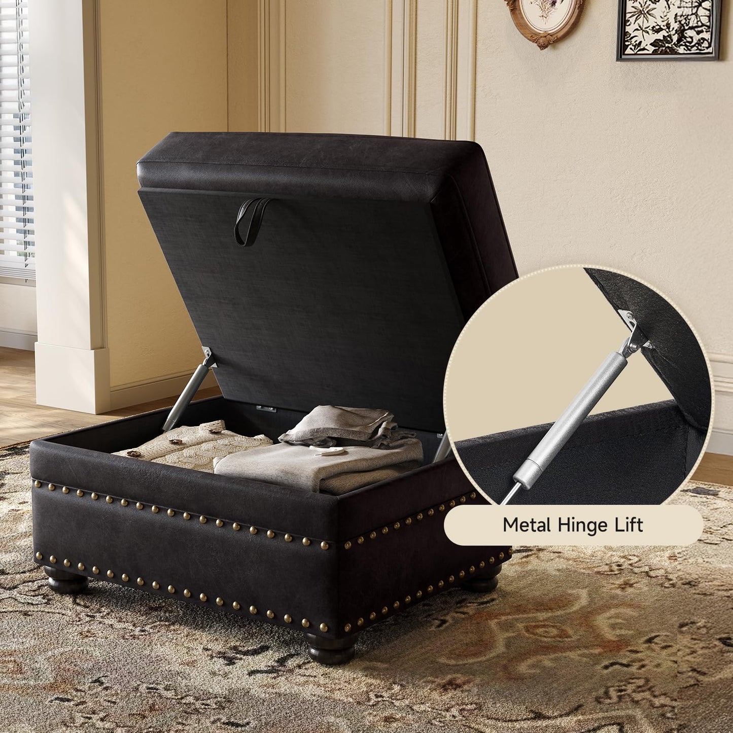 ONBRILL Faux Leather Ottoman with Storage, Rectangle Ottoman Coffee Table with Nailhead Trim, Solid Wood Legs, Oversized Upholstered Footrest Stool for Living Room, Bedroom, Apartment, Black