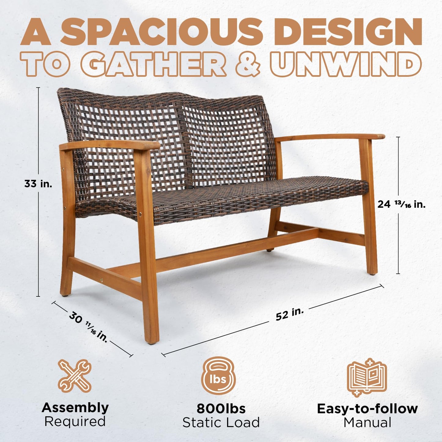 IDZO Harmonie 800lbs Capacity Outdoor Loveseat Furniture, FSC Certified Acacia Patio Sofa with Upgraded 2000 Hours UV Resistant Wicker, Teak Finish Porch Couch