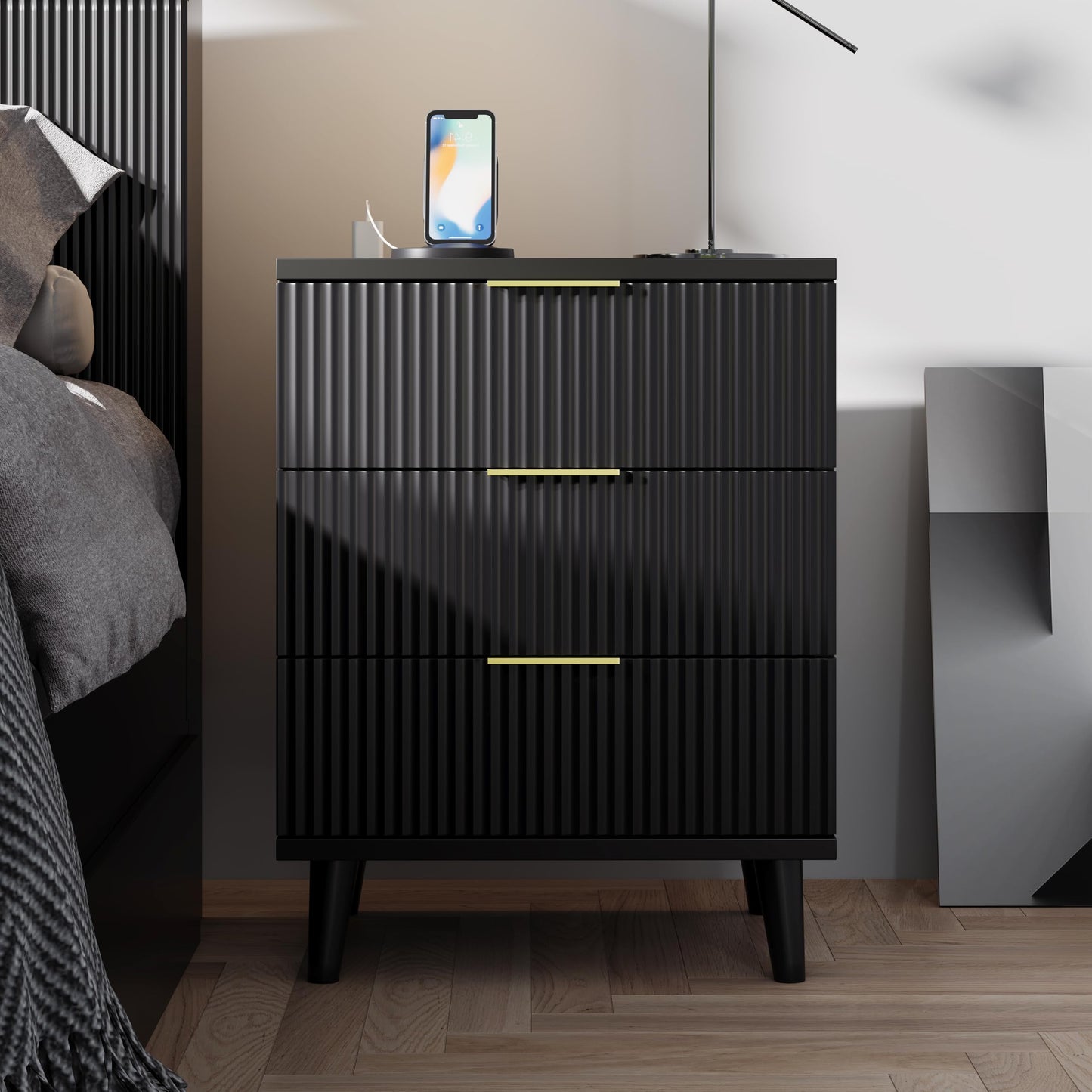 QIPAKA Fluted Night Stand Set of 2 with USB Charging Station, 3-Drawer Dresser Black Wood Moden Night Stand Bedside Table with Quiet Drawers & Large Storage End Table for Bedroom