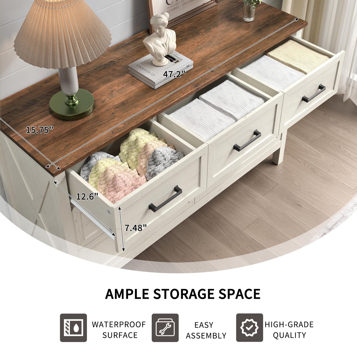 BAZELOR Farmhouse Dresser for Bedroom, 7 Drawers Dresser with Natural Texture, Wood Rustic Wide Chest for Bedroom, Hallway, Entryway, Antique White