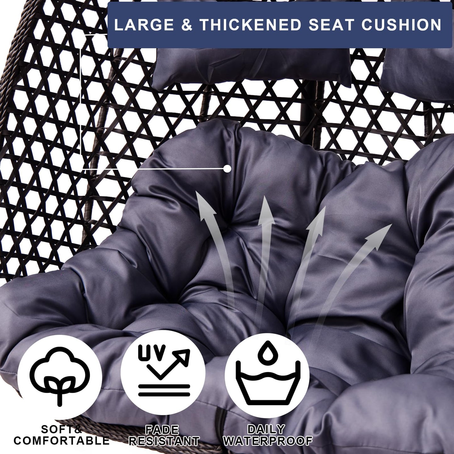 Double Swing Egg Chair with Stand, Foldable Wicker Hanging Swing Chair for Outdoor Garden Patio, 2 Person Egg Chair Loveseat with Removable Cushions (Dark Gray)