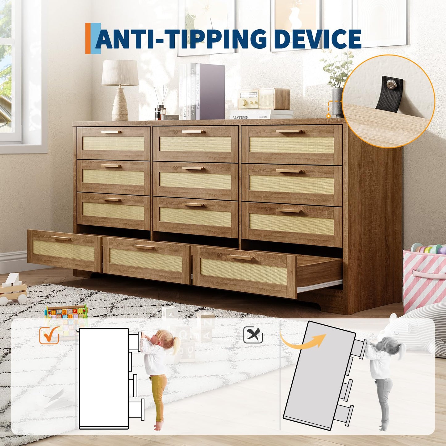 Hipicute 12 Drawer Dresser for Bedroom, Modern Rattan Chest of Drawers, Wood Storage Organizer with Rattan Panel Drawers and Handles, for Nursery, Entryway, Living Room, Natural