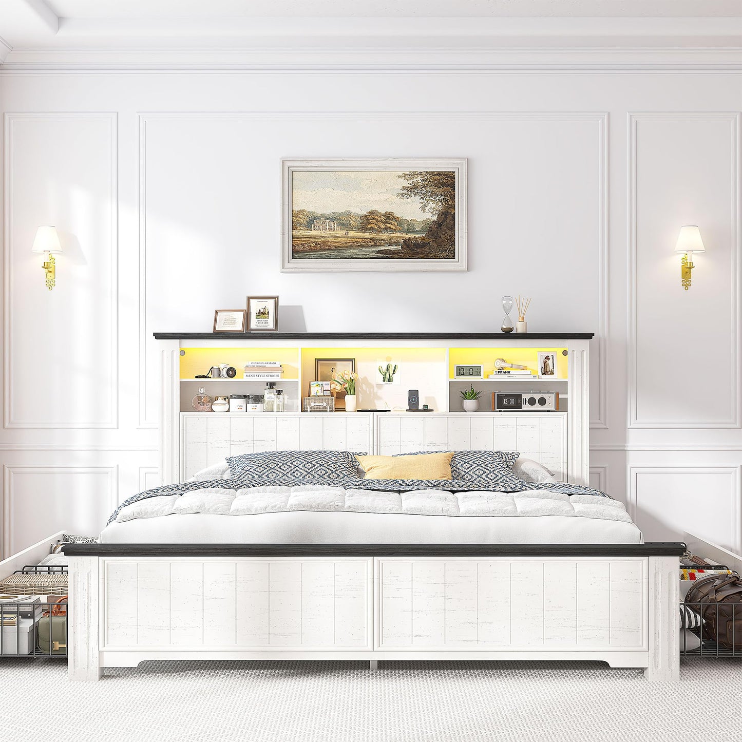 EnHomee Queen Bed Frame with Headboard, Bed Frame Queen Size with 4 Drawers Charging Port & LED, Farmhouse Queen Bed Built in Charging Station,No Box Spring Needed,NO Noise,White with Grain Marks