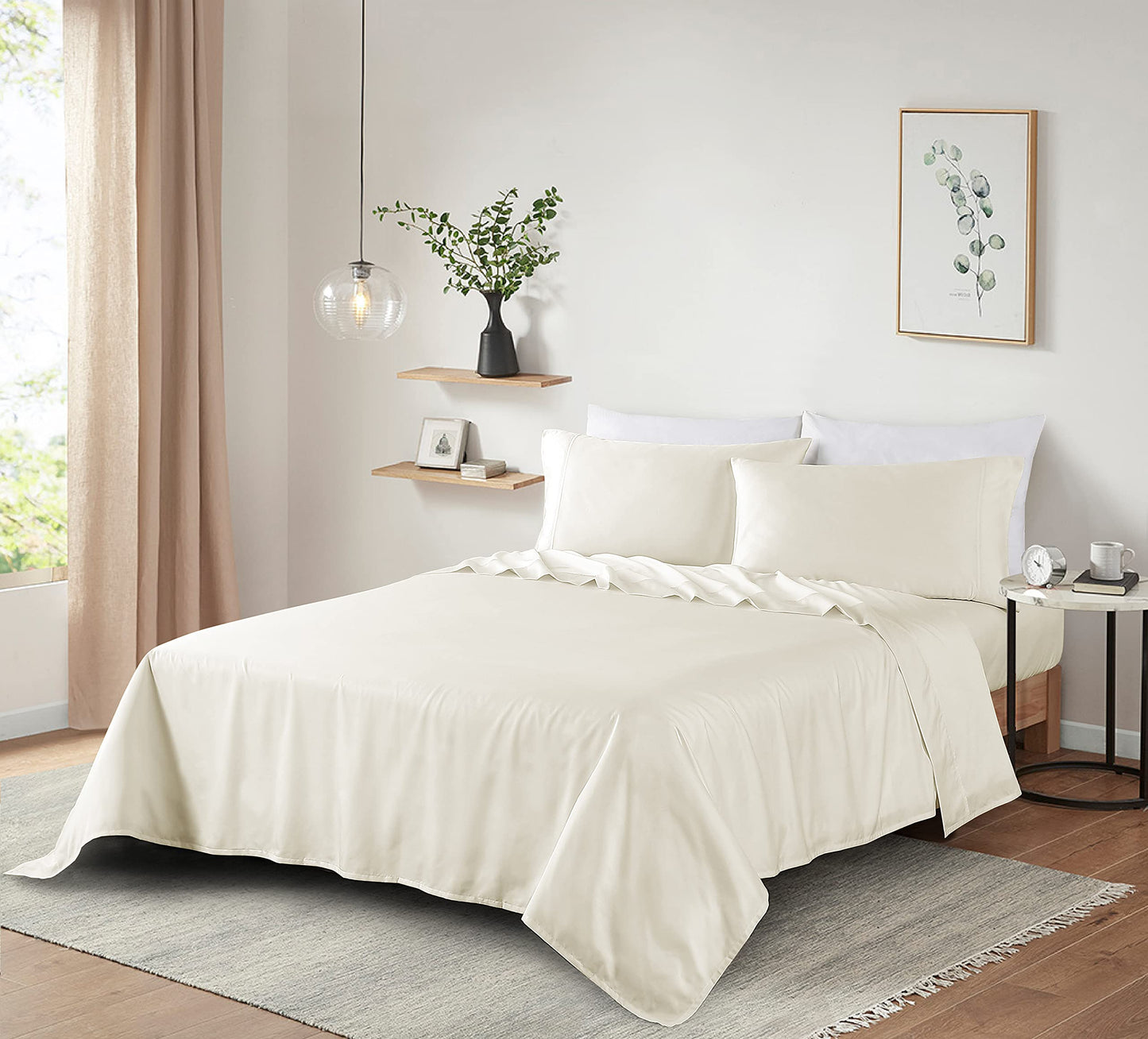 ELINEN 100% Supima Cotton Sheets 600 Thread Count,Bed Sheet Set Queen Size Sheets 4 Pieces,Soft & Silky Sateen Weave, Fits Mattress Up to 18",Deep Pocket, Breathable & Fade Resistant(Ivory,Queen)
