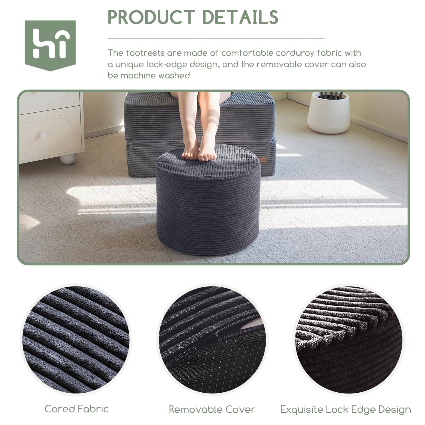 HIGOGOGO Round Stuffed Pouf Ottoman, Corduroy Poufs with High-Density Foam Filling, Furry and Fluffy Pouf Foot Stool Storage Ottoman, 17.7 x 13.8 Floor Poufs Foot Rest for Living Room，Dark Grey