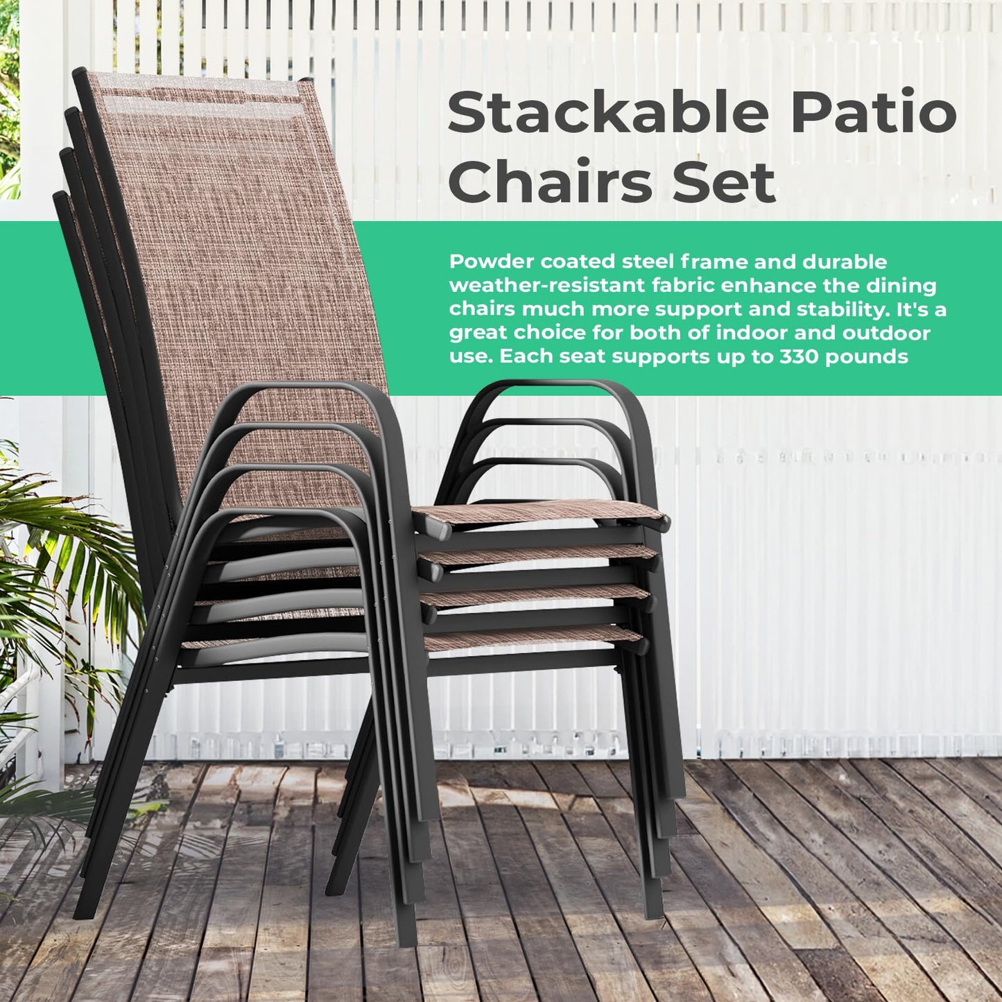 JEAREY Patio Dining Chairs Set of 4, Outdoor Stackable Dining Furniture Set, All Weather Dining Set for Lawn, Garden, Backyard, Poolside, Brown