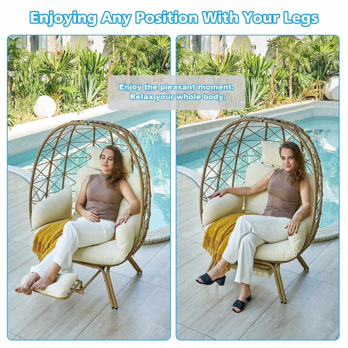 Outlux Wicker Egg Chair with Cushion & Footrest - Oversized 450lb Capacity Boho Hanging Chair for Indoor/Outdoor - Beige Rattan Lounge Seat for Patio, Balcony, Garden, Home