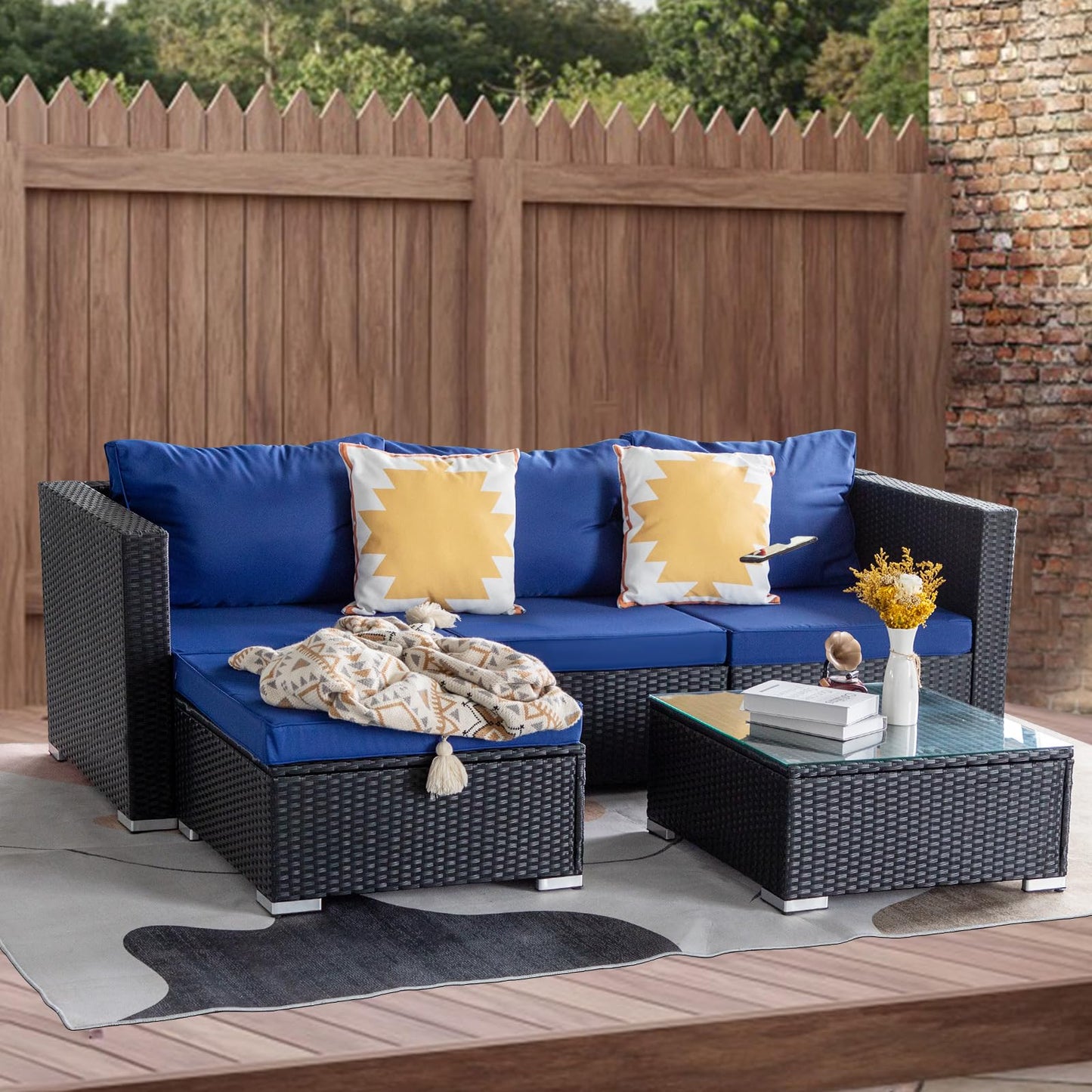 PAOLFOX 5 Piece Patio Furniture Sets,Patio Conversation Sets,Rattan Outdoor Furniture,Rattan Patio Chairs and Table,Black/Blue
