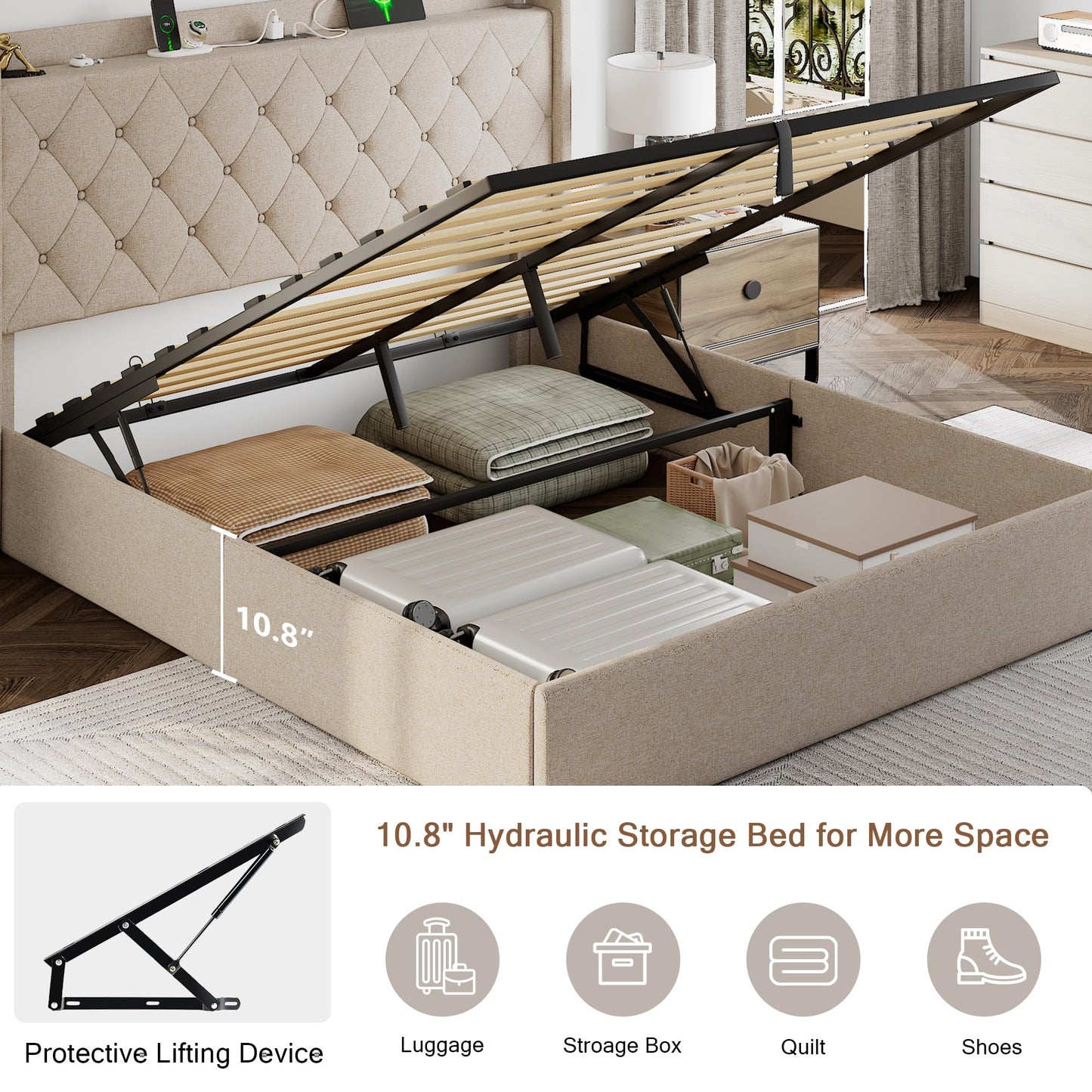 Einhomn Full Lift Up Storage Bed Frame with Charging Station, Upholstered Bed Frame with Storage, No Box Spring Needed, Noise-Free, Hydraulic Storage, Easy Assembly, Beige
