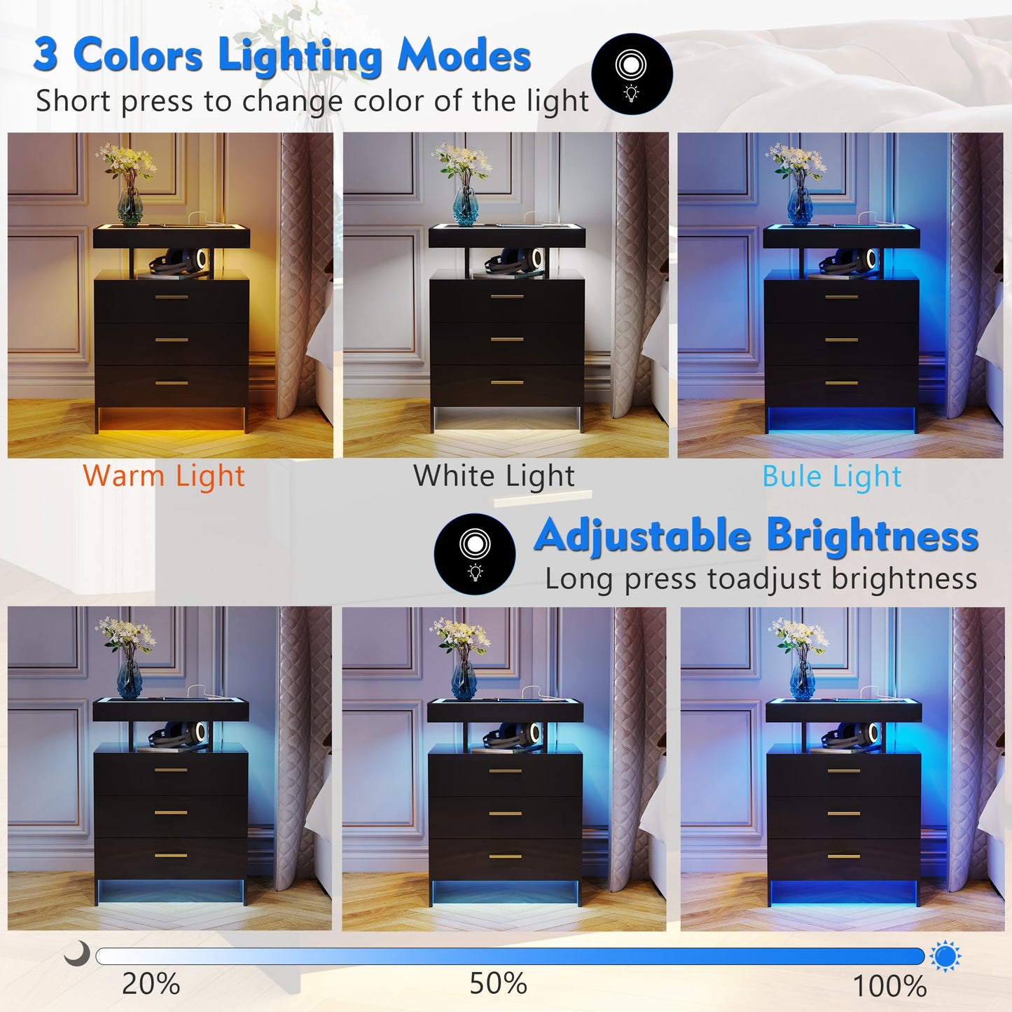 Lvifur 2 Set Nightstands with Wireless Charging Station, Auto Sensor 3 Color Dimmable LED Night Stand, Modern Bedside Table with 3 Drawers & 3 Open Compartments (2 x Black)