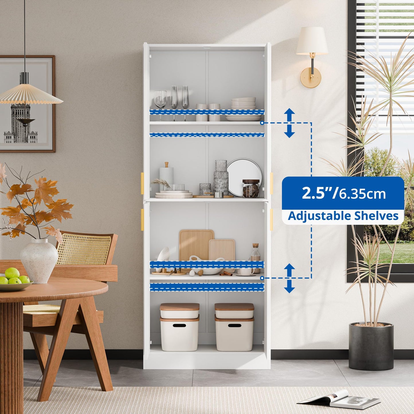 Cozy Castle Kitchen Pantry Cabinet, 71" Tall Wood Storage Cabinet with Doors and Shelves 4 Doors Freestanding Cupboard Utility Hutch for Dining Room Living Room Bathroom Furniture, White