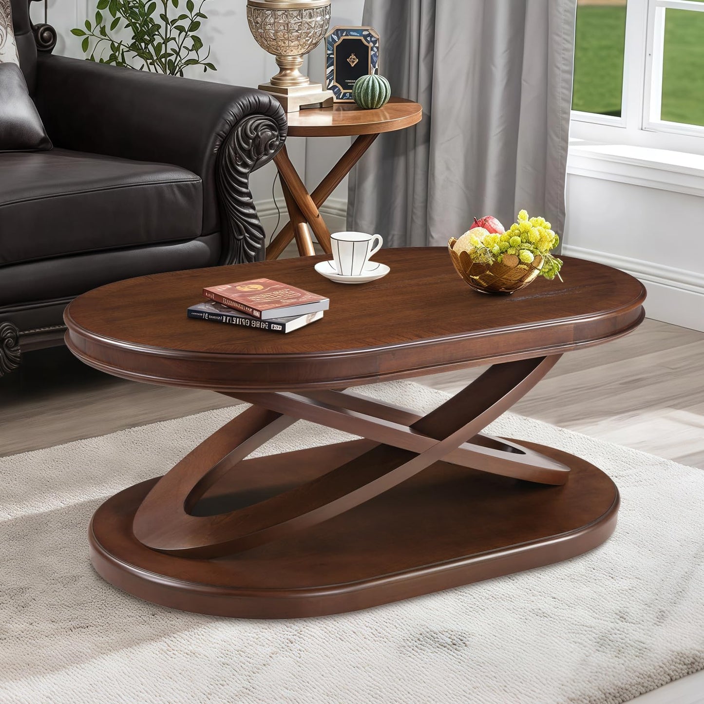 LKTART Wood Coffee Table Set of 3, Oval Coffee Table and Round End Tables Living Room Set of 2, Vintage Side Table with X-Shape Support,Walnut