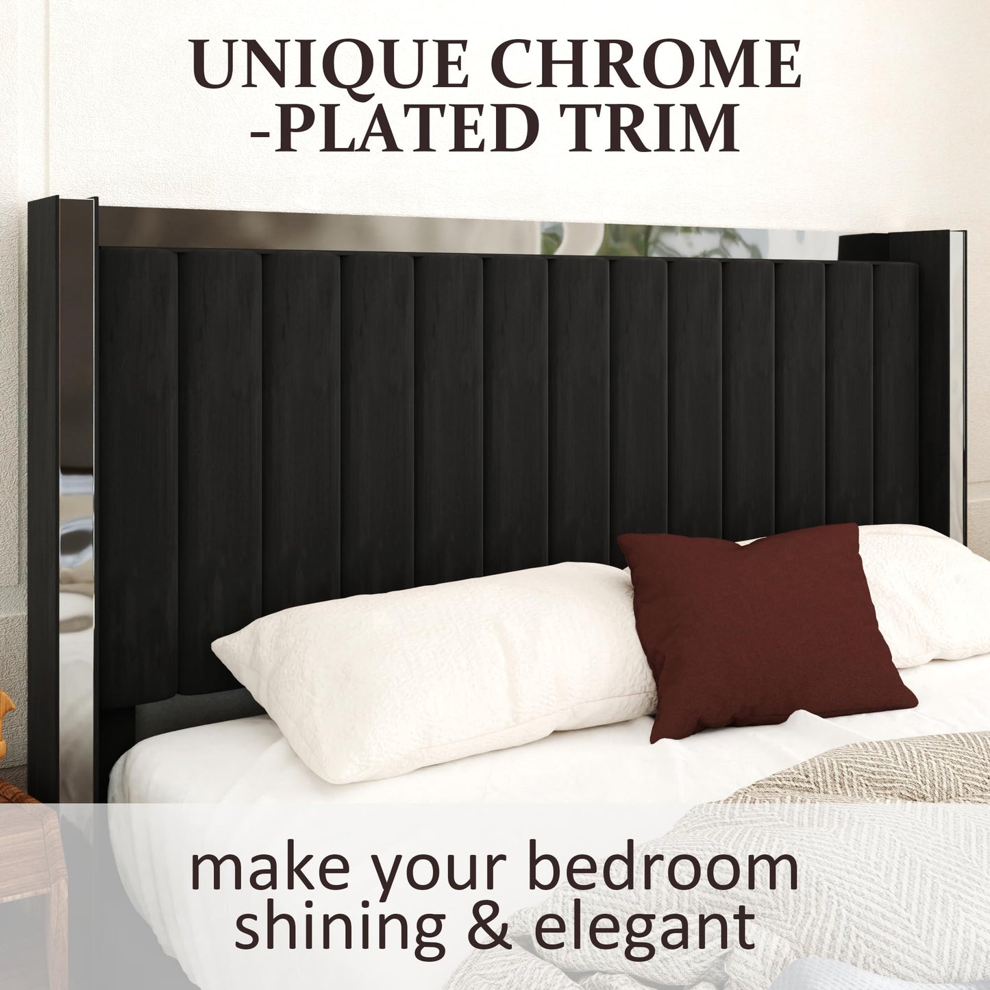 Konprosp Queen Size Bed Frame Velvet Upholstered Platform Bed with 58" Tall Headboard, Channel Tufted Wingback and Plating Trim, Solid Wooden Slats Support, No Box Spring Needed, Black