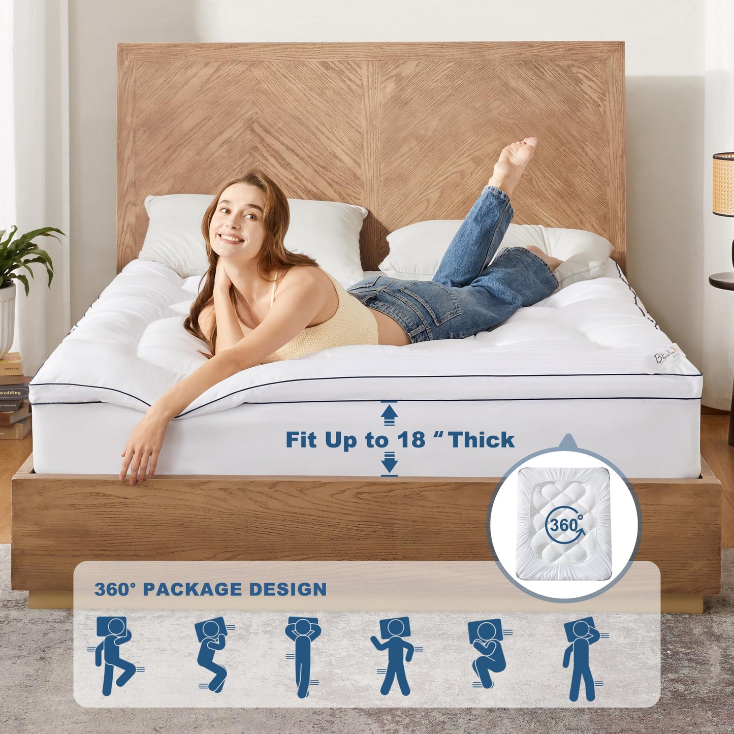 BEDLORE King Mattress Topper, Thick Pillow Top Pad for Back Pain Relief, Cooling Soft Mattress Cover with Deep Pockets 6-18 inch