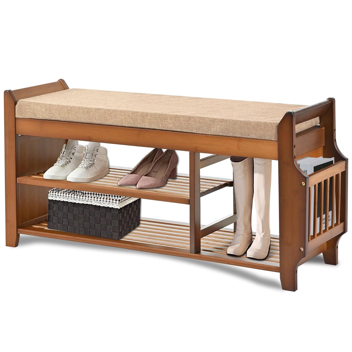 DOUSY Shoe Storage Bench for Entryway, Bamboo Entryway Bench with Hidden Drawer and Side Brackets,2-Tier Shoe Rack Organizer for Entryway, Hallway,Bedroom and Bathroom