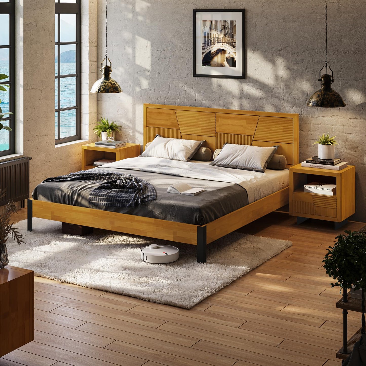Bme Trapeze King Size Bed Frame – Rubberwood Platform with Slatted Headboard, Sturdy Iron Legs, No Box Spring Needed, Supports up to 800 lbs