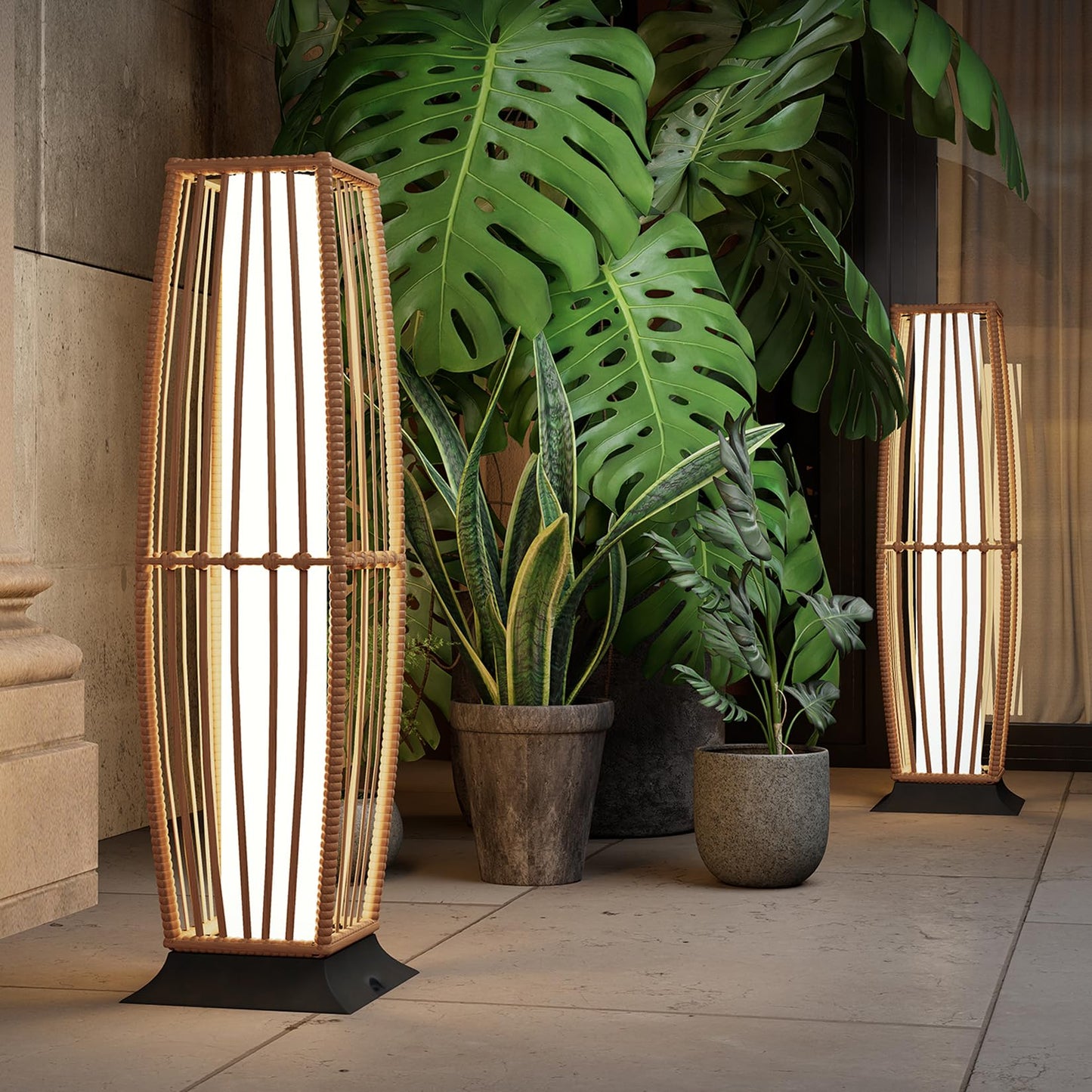 Grand patio 2-Piece Outdoor Floor Lamp Solar Powered Lantern Waterproof Wicker Boho Deck Lights for Garden Porch Decor, Large Taurus