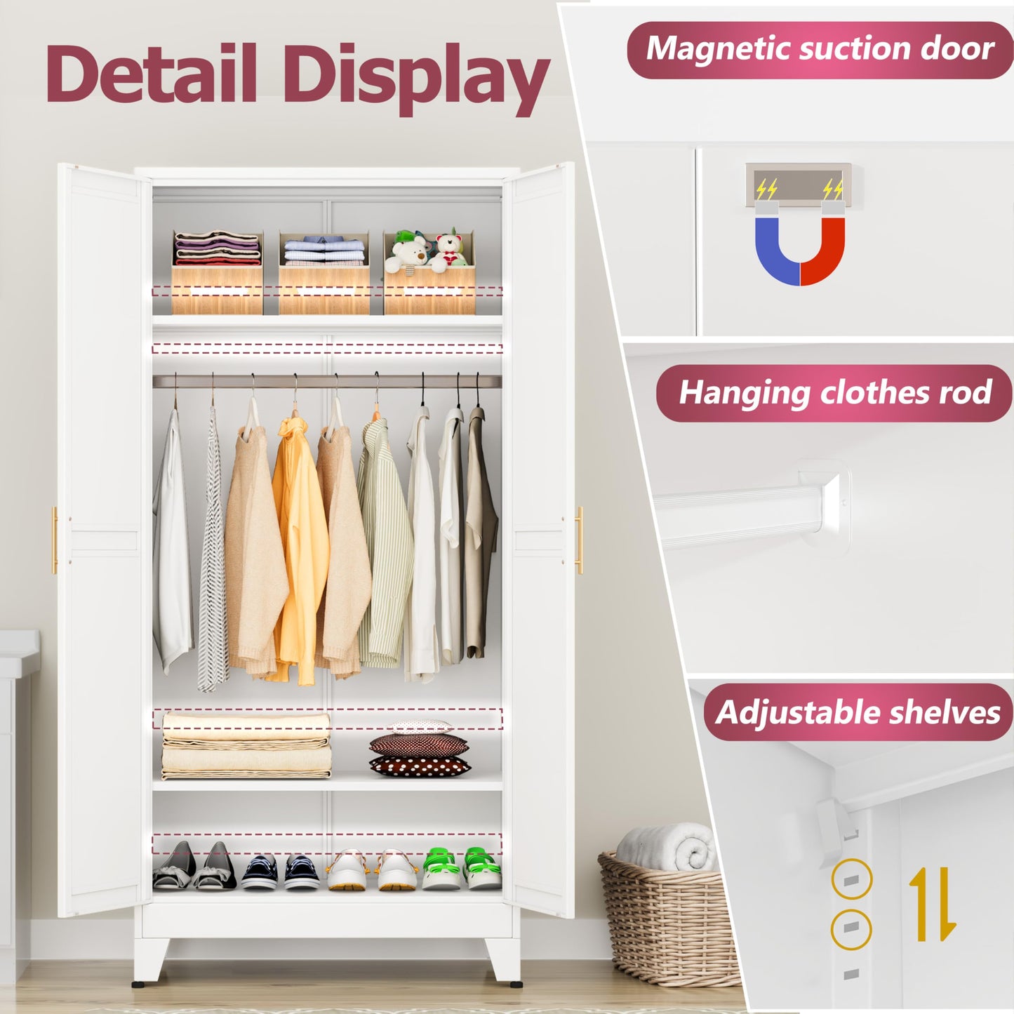 GAIOUS Metal Wardrobe Cabinet with Hanging Rod, 71" Metal Clothing Storage Cabinets with 2 Doors and Adjustable Shelves, White Armoire Wardrobe Closet for Bedroom, Laundry Room, Cloak Room