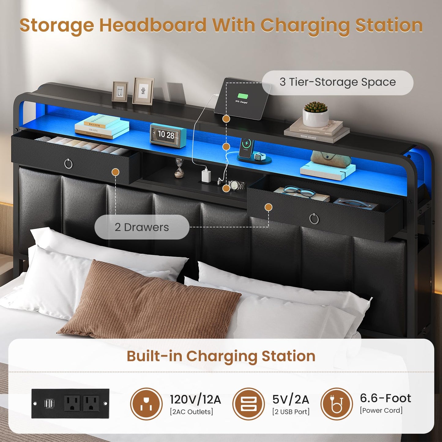 Brinlawb King Bed Frame with Drawers & Storage Headboard, Bed Frame King Size with Charging Station & LED Light, Upholstered Platform Bed, Metal Frame Support, No Box Spring Needed, Noise Free, Black