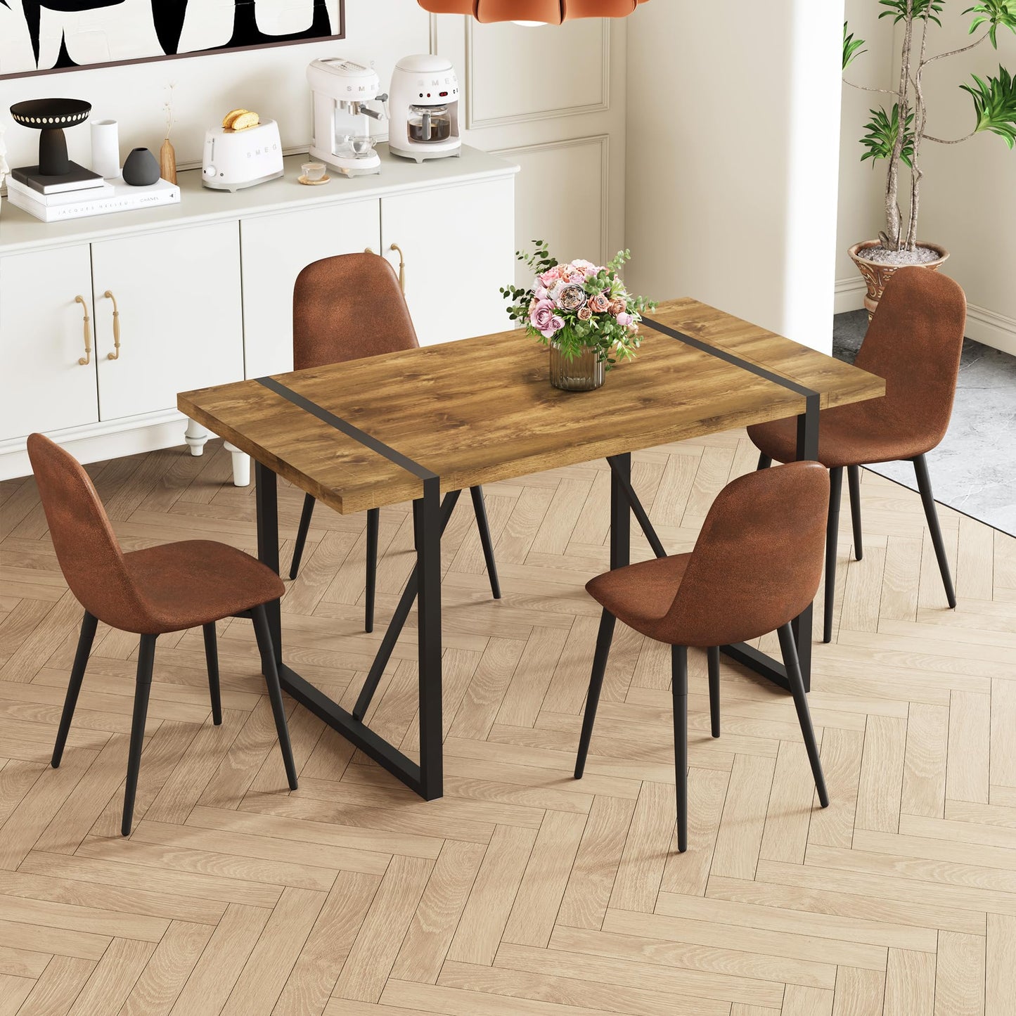 Ganooly Rustic 5 Piece Dining Room Table Set for 4 People, Mid Century Modern 55 Inch Rectangle Wood Kitchen Dining Table with 4 Fabric Chairs Set, Suitable for Kitchen Dining Room