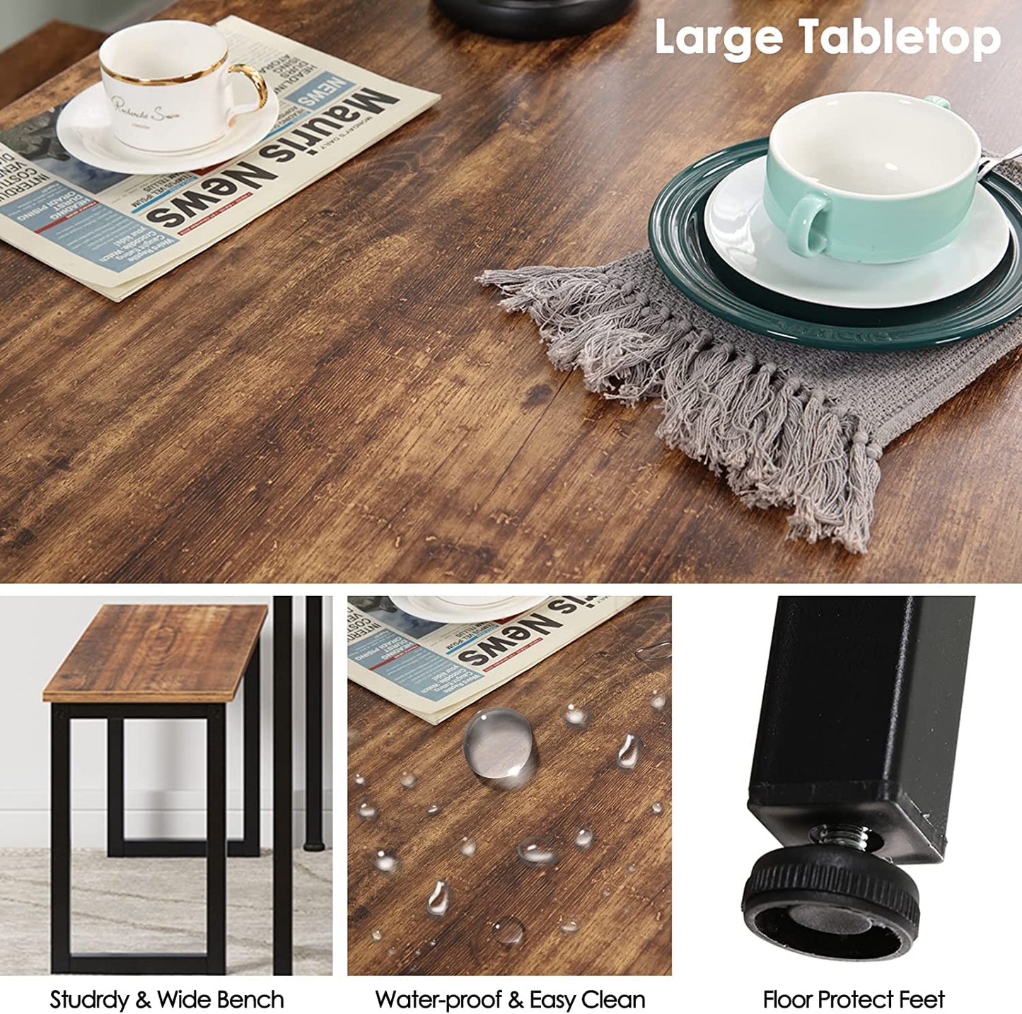 soges 3 PCS Dining Table Set for 4 with 2 Benches, Soho Dining Table and Chairs Set, Industrial Kitchen Table and Chairs Kitchen Breakfast Table Set, Dining Set with Metal Frame, Brown