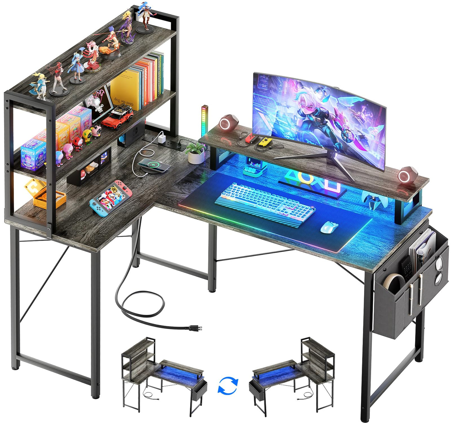 Homieasy L Shaped Computer Desk with Bookshelf, 47 Inch Reversible Corner Gaming Desk with Charging Station & Led Light, Home Office Desk with Hutch Monitor Stand Storage Shelves Bag, Black Oak