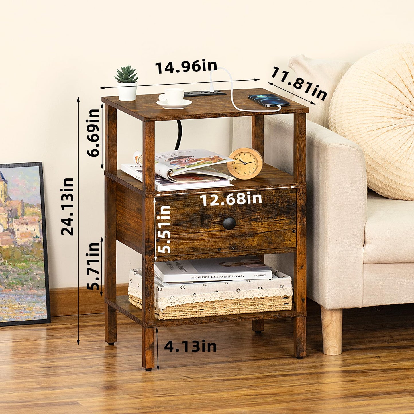 Lerliuo Nightstand with Charging Station and USB Ports, 3-Tier Storage End Table with Drawer Shelf, Night Stand for Small Spaces, Wood Bedside Table for Living Room, Bedroom - Retro Brown…