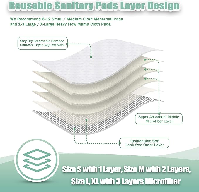 wegreeco Reusable Menstrual Pads - Reusable Sanitary Pads | Reusable Panty Liners | Soft Cloth Menstrual Pads - 6 Pack with 1 Cloth Mini Wet Bag (Large, Luxury)