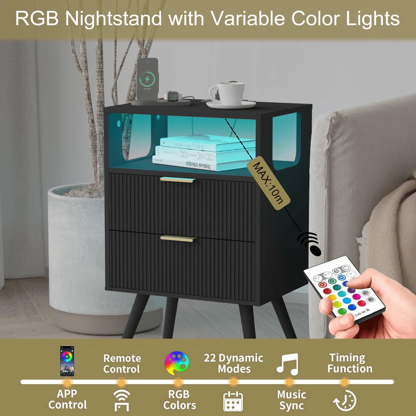 JOONEE Black Nightstand with Charging Station and LED Lights,Modern Bedside Table with 2 Storage Drawer and Open Wood Shelf, for Bedroom and Small Spaces,Night Stand with Solid Wood Legs,Black