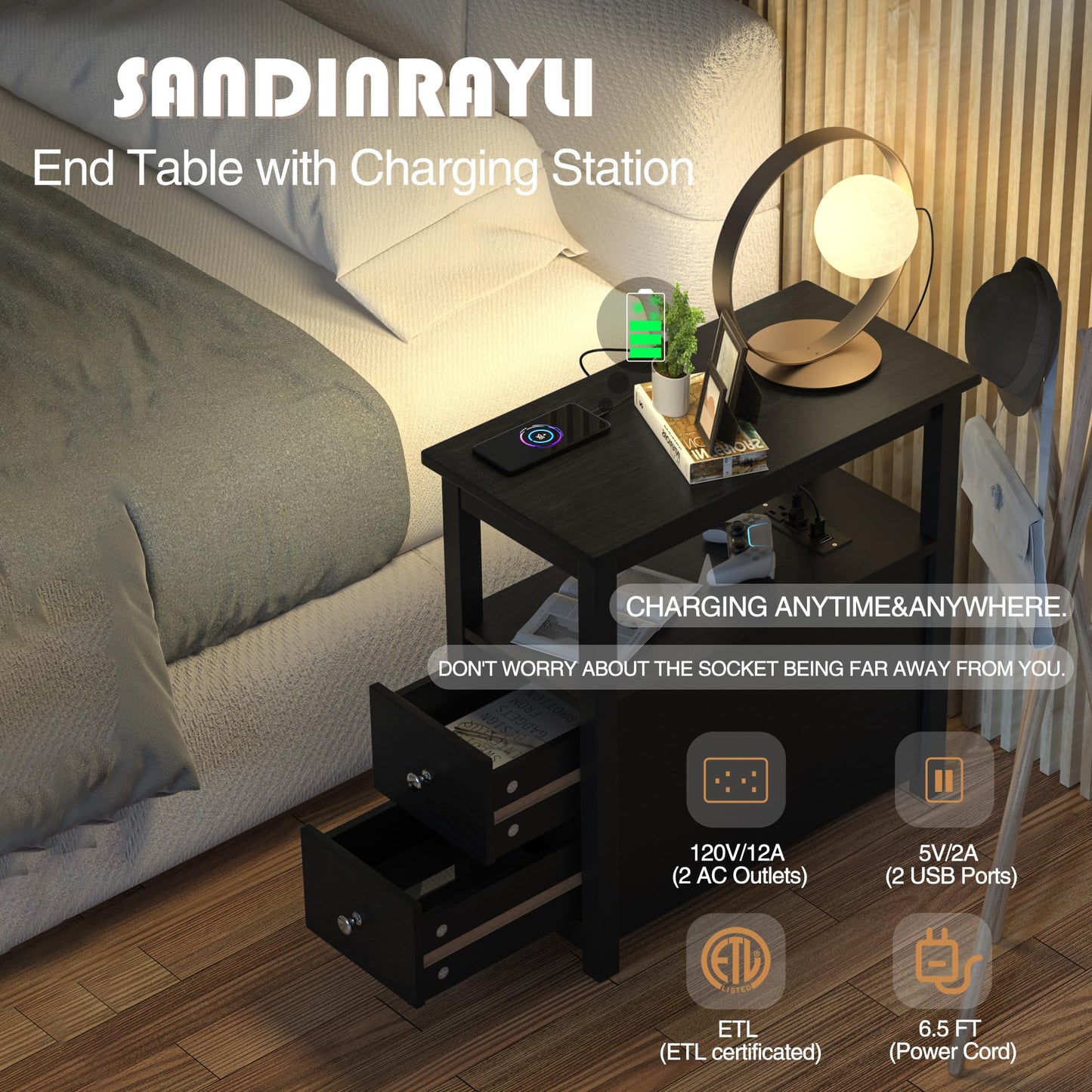 Sandinrayli End Table with Charging Station, Side Table with 2 Drawer & USB Ports & Power Outlets, Nightstand for Small Spaces, Bedside Tables for Living Room Black