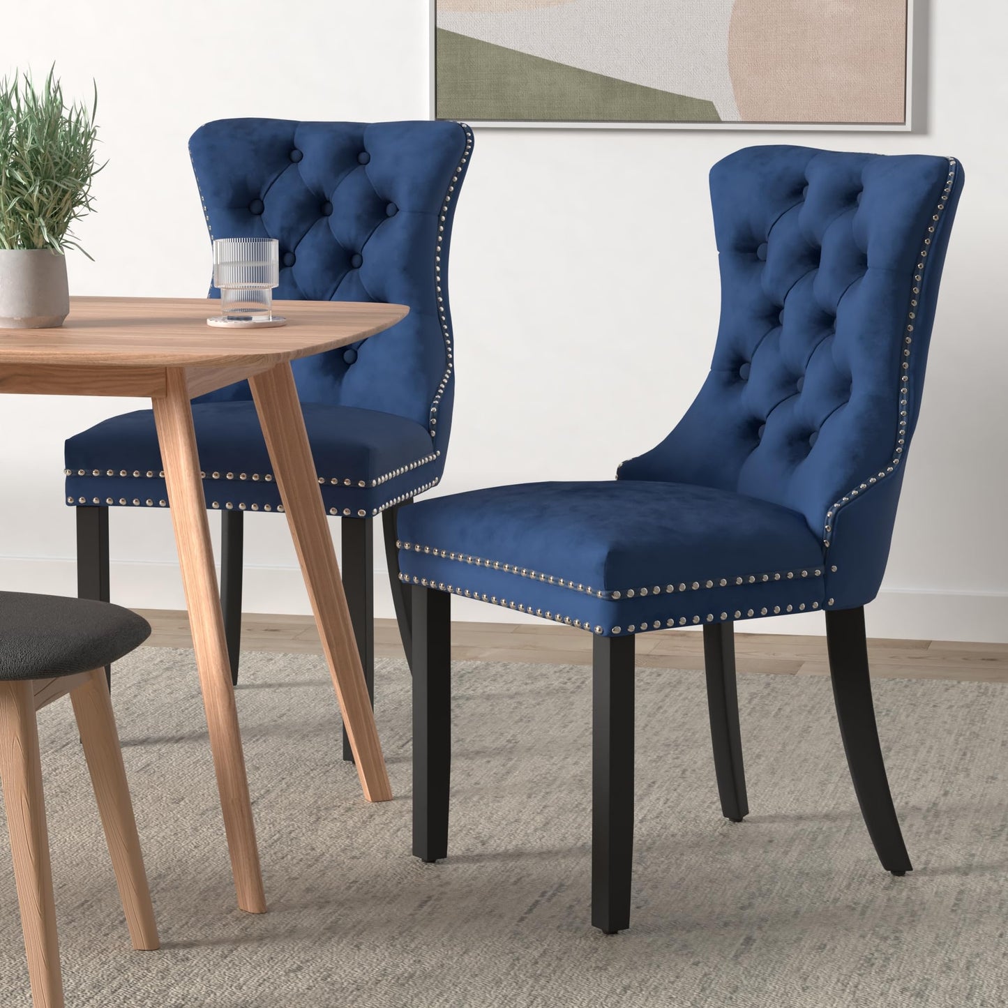 Eifizek Velvet Dining Chairs Set of 4, Tufted Dining Room Chairs with Nailhead Ring Pull Trim, Upholstered Dining Chairs with Solid Wood Legs for Kitchen Dining Room, Sillas De Comedor (Blue)