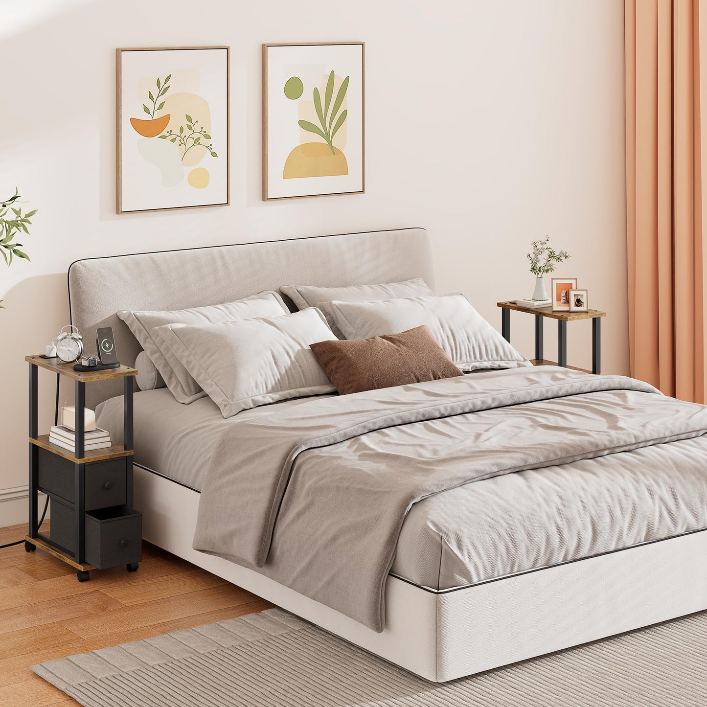 TUTOTAK Small Narrow End Tables, Side Tables with 2 Fabric Drawers, Set of 2, Bedside Tables with Charging Station for Small Spaces, Slim Nightstands with USB Ports and Wheels, TB01BB053