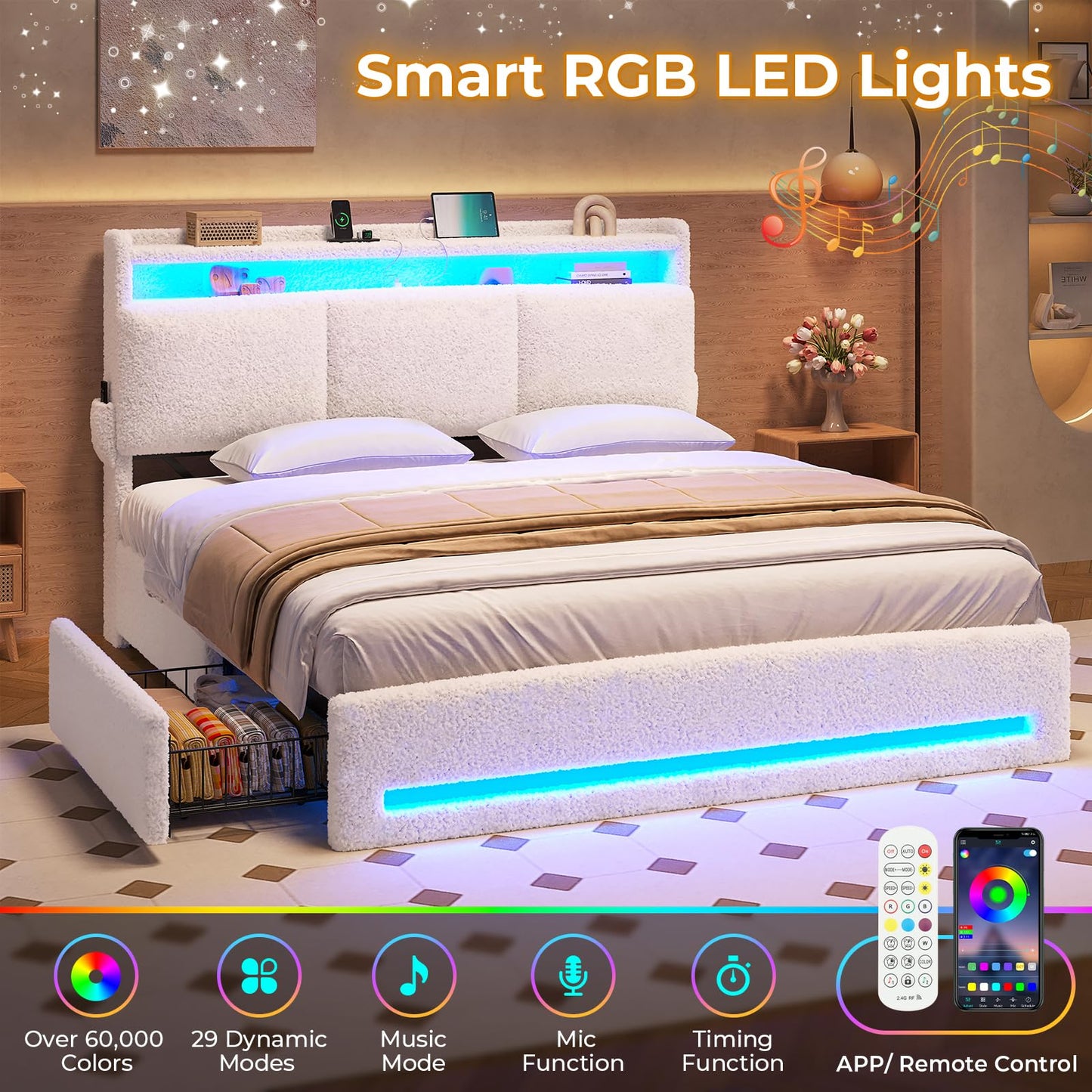 MSmask Boucle Bed Frame Queen Size, Upholstered Bed Frame with Storage Headboard and 4 Drawers, Soft Platform Bed with LED Lights and Charging Station, No Box Spring Needed, Off-White