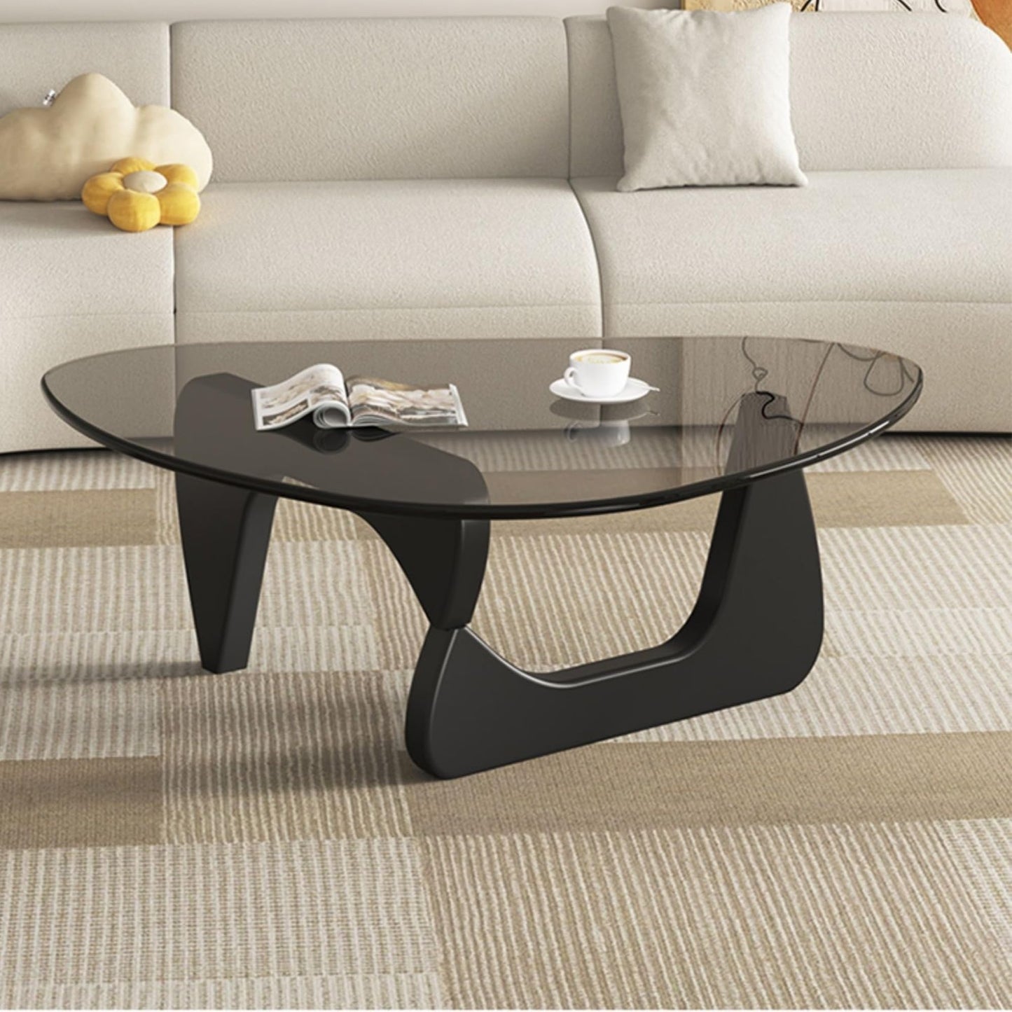 EASYSOUL Modern Glass Coffee Table, 32.68" D x 22.44" W x 15.75" H, Abstract Round Tea Tables for Living Room Home Office Industrial Cocktail Tables (Black-Gray Glass, 32.68")
