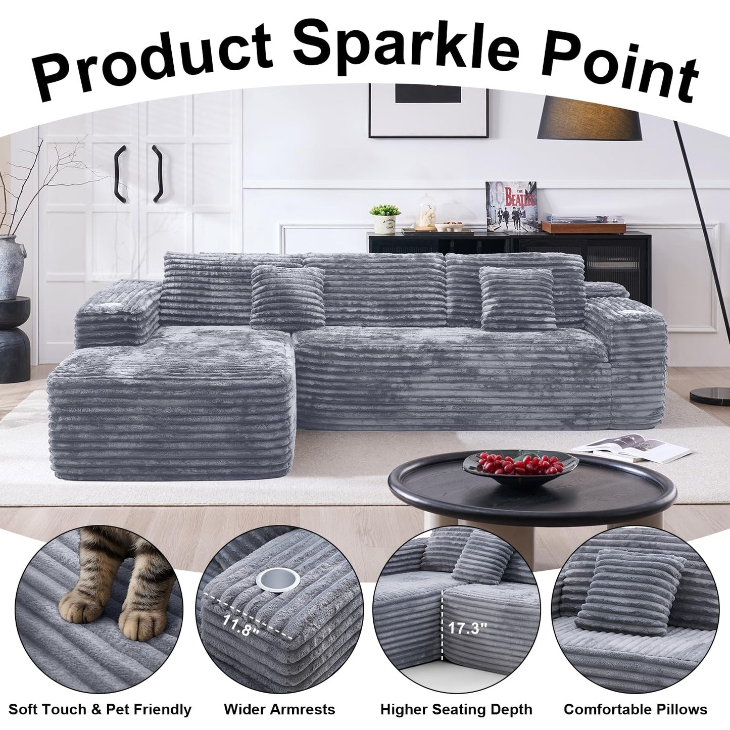 Cloud Sectional Couch with L-Shape Chaise, Modern Modular Sofa with Deep Seat, Built-in Cup Holder & Storage Pocket for Living Room Bedroom, No Assembly Required (Light Gray, Right Facing Chaise)