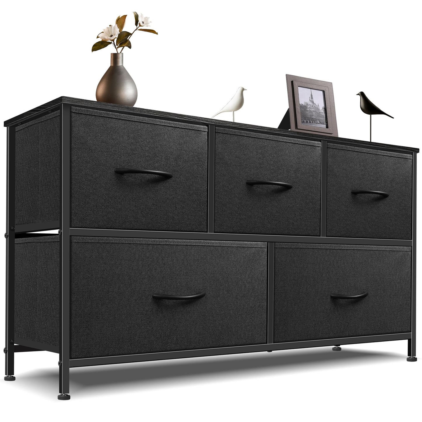 Sonharlar Dresser for Bedroom with 5 Drawers, Chest of Drawers, Storage Drawers Organizer Unit, Black Wide Fabric Dresser with Fabric Bins for Closet, Living Room, Bedroom (Charcoal Black)