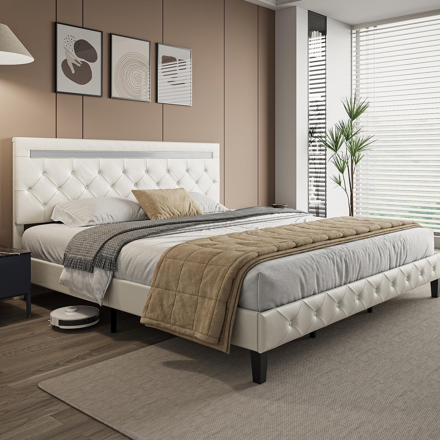 Benevika King Size Bed Frame with LED Lights, Upholstered Platform Bed Frame, Adjustable Headboard with Charging Station, Wooden Slats Support, Easy Assembly, No Box Spring Needed, White