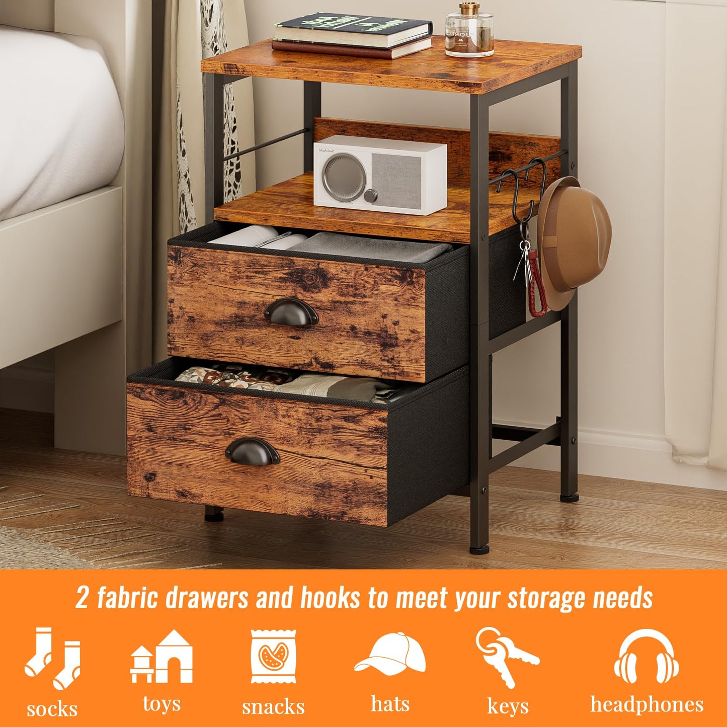 Furologee Nightstand with 2 Fabric Drawers, End Table with Open Wood Shelf, Side Sofa Table with 2 Hooks for Bedroom/Living Room/Study/Halway/Rustic Brown
