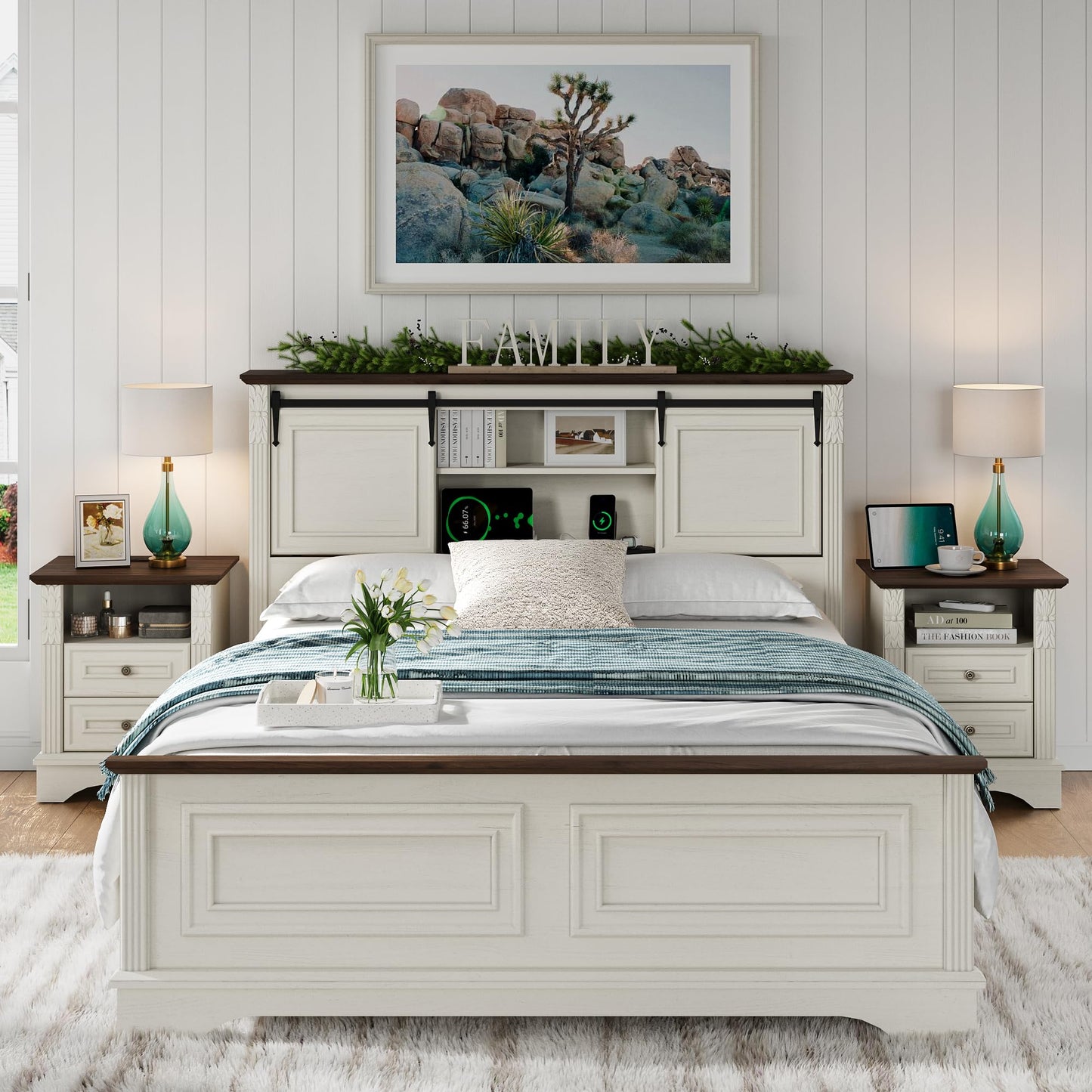 BLANKSPACE Queen Size Bed Frame with Storage Headboard, Charging Station, Bracket Footboard, Farmhouse Bed Frame with Bookcase and Sliding Barn Doors, Noiseless,（Antique White）