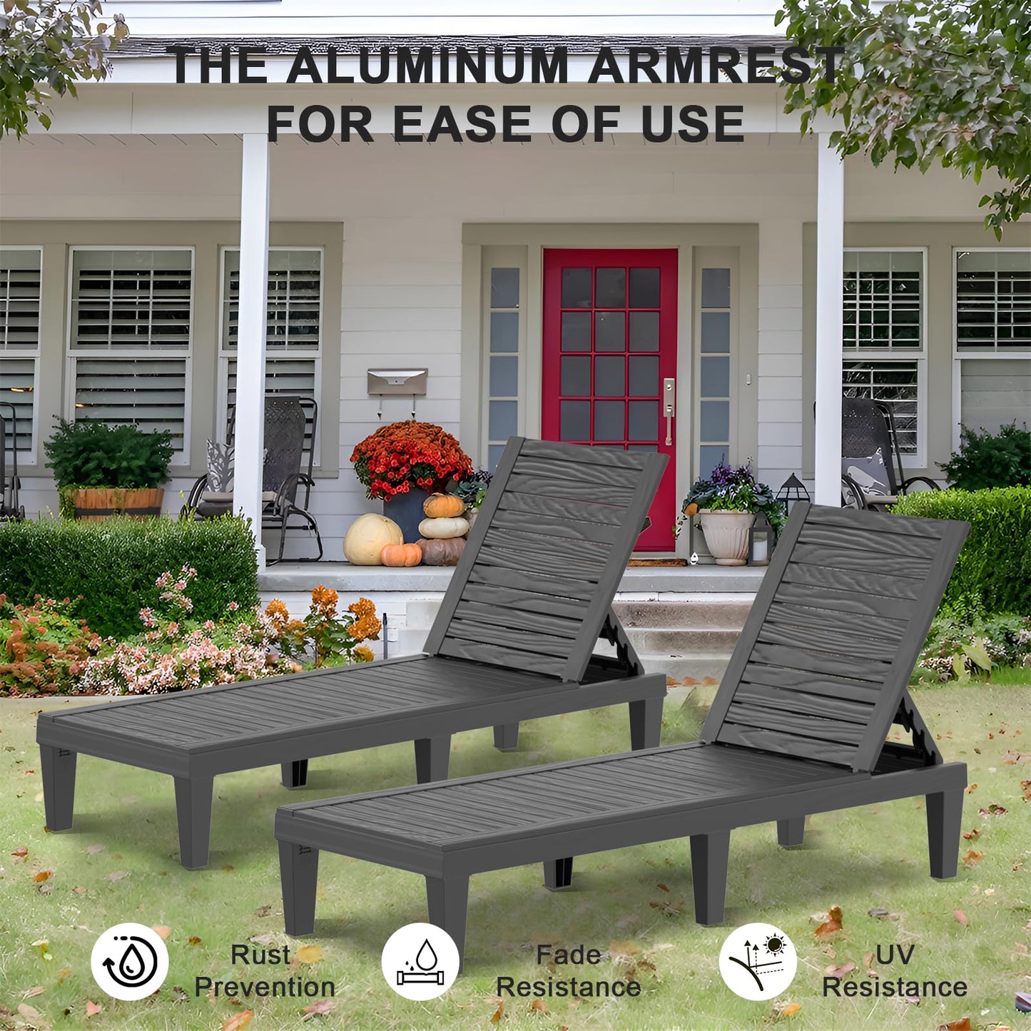 EasyUp Resin Chaise Lounge Chairs with 5-Position Backrest, UV & Fade-Resistant, Waterproof for Garden, Pool, Beach & Patio (Set of 1-Black)