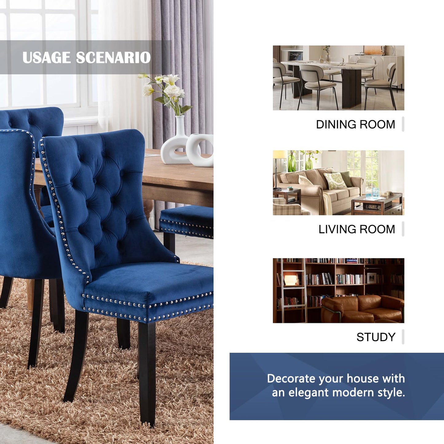 Hixkol Velvet Dining Chairs Set of 4,Upholstered Dining Chairs with Ring Pull Trim and Button Back,Modern Seating for Kitchen, Dining Room & Living Room(Blue)