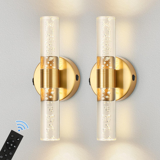 DORESshop Battery Operated Wall Sconces Set of 2, 10000mAh Rechargeable Wall Sconce with Bubble Crystal, 9 Color Dimmable Wireless Wall Sconce, Sconce Wall Decor for Living Room, Bedroom, Gold 12in