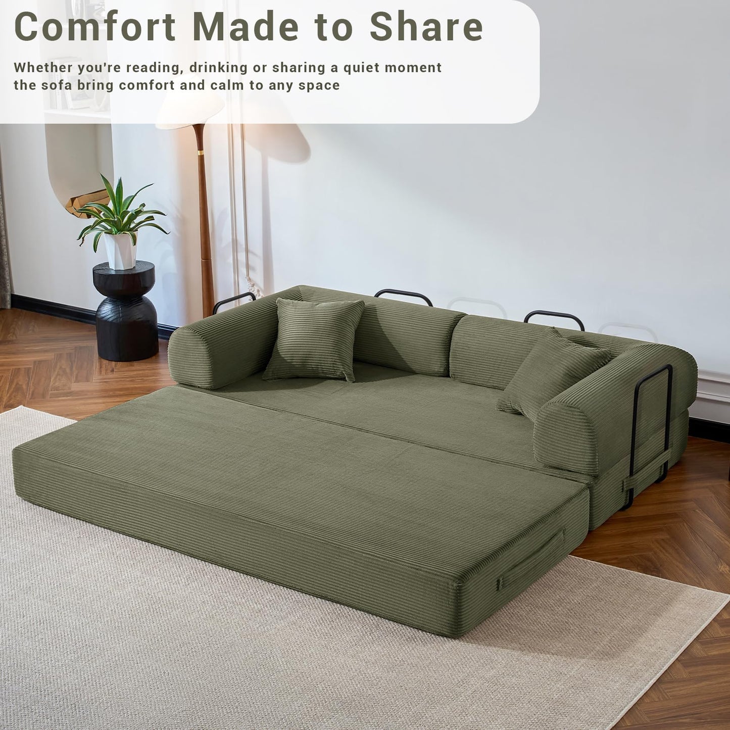 NNQ Compressed Sofa - Convertible Sofa Bed, Corduroy Compression Boneless Couch in a Box, Comfy Modular Foldable Floor Sleeper Sofa for Bedroom, Living Room (Corduroy Fabric, Green)