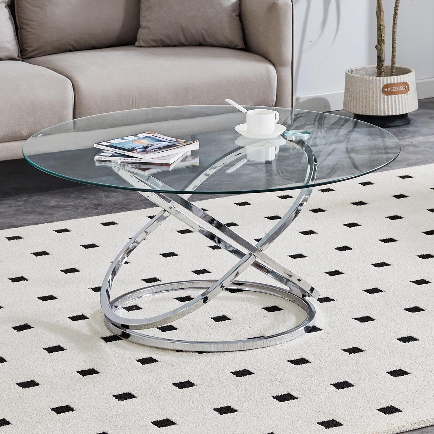 Silver Glass Coffee Table 39.4 Inch Round Modern Living Room Table, Center Table with Chrome Ring-Shaped Frames and Transparent Glass Tabletop, Silver
