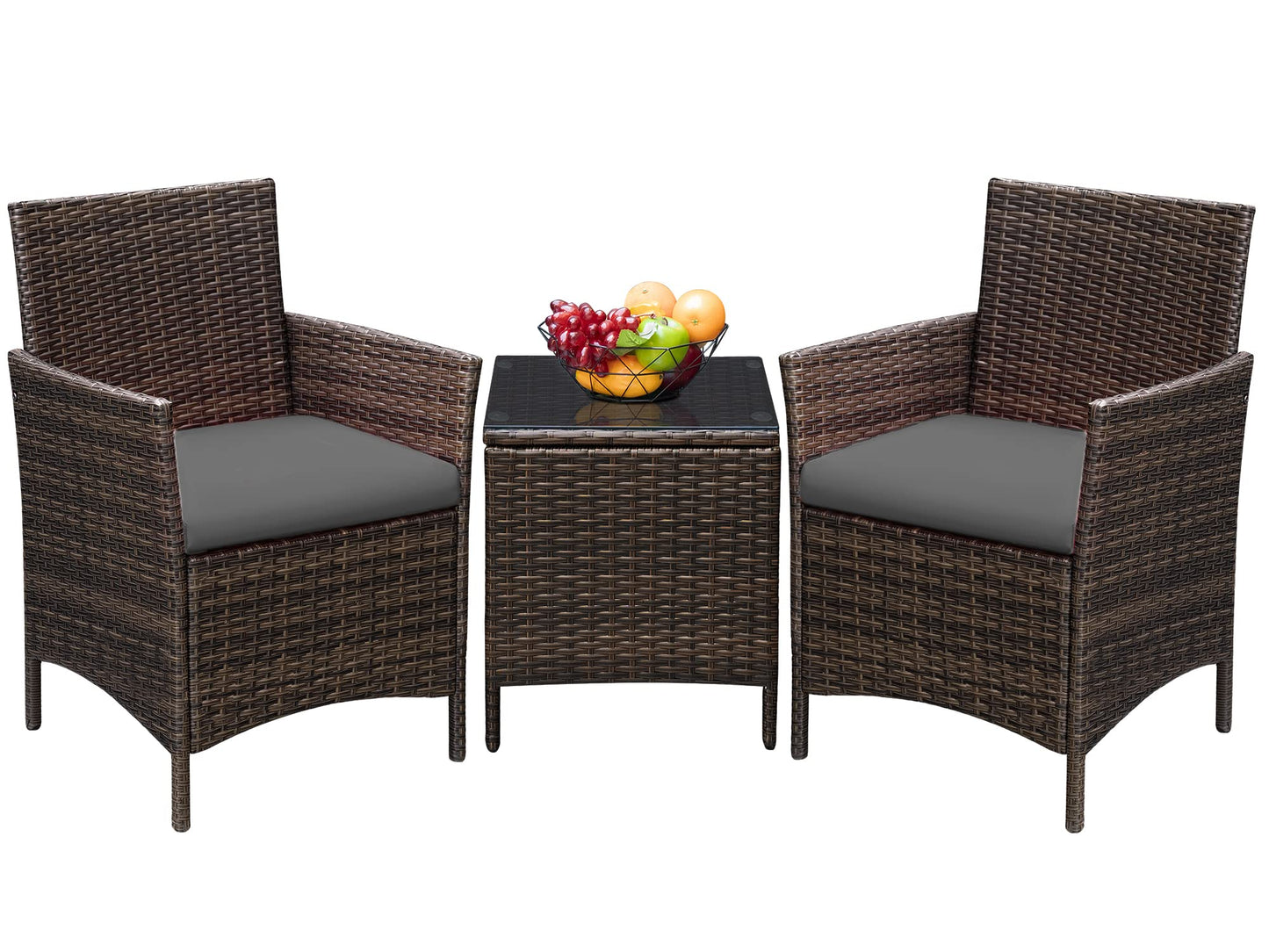 Greesum 3 Pieces Patio Furniture Sets Outdoor PE Rattan Wicker Chairs with Soft Cushion and Glass Coffee Table for Garden Backyard Porch Poolside, Brown and Gray