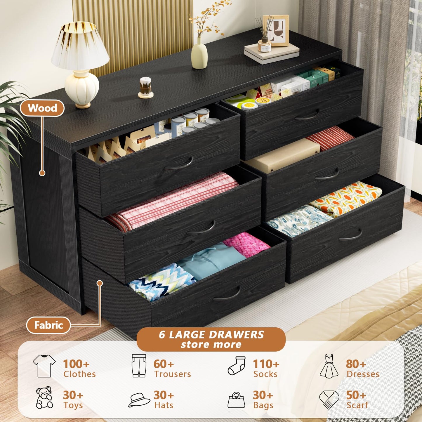 Black Dresser for Bedroom, 6 Drawer Dresser for Closet, TV Stand Entertainment Center for Living Room, Wooden Top and Side Large Fabric Drawer Storage Organizer, Chest of Drawer, Wide Furniture